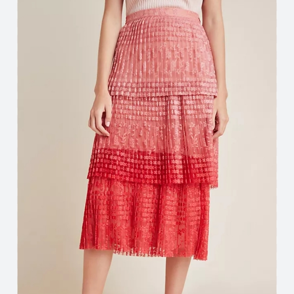 Anthropologie Tiered Pink to Red Ombre Pleated Midi Skirt
